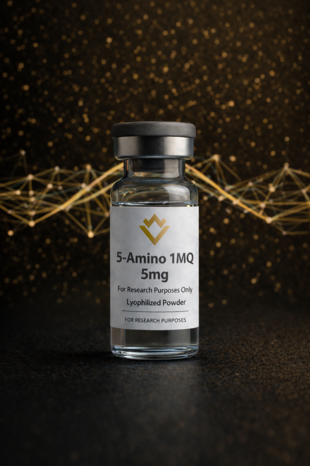 Clear glass vial labeled '5-Amino 1Mq 5mg' with a dark background and abstract design.