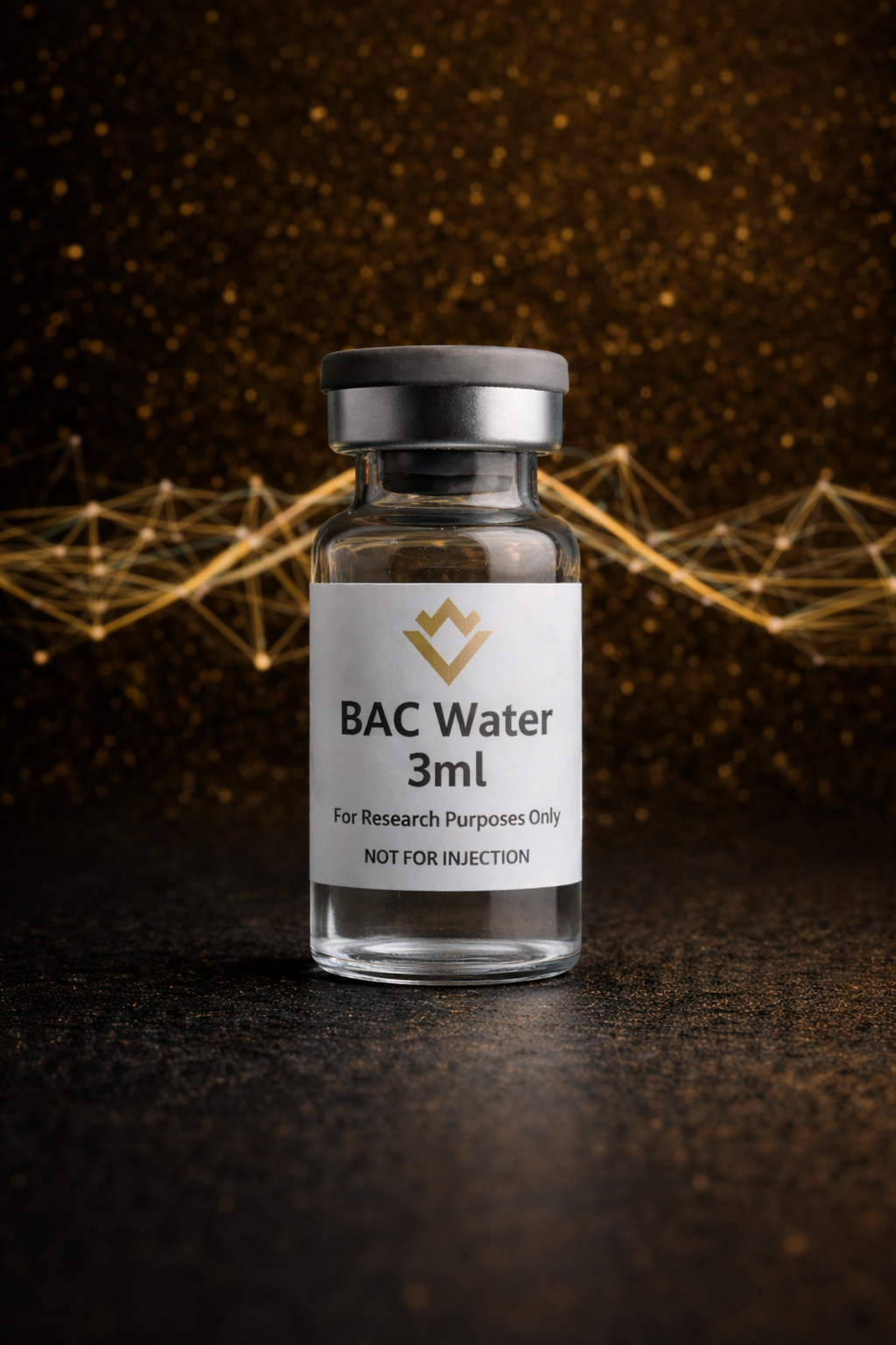 BAC Water 3ml bottle with label on a dark background