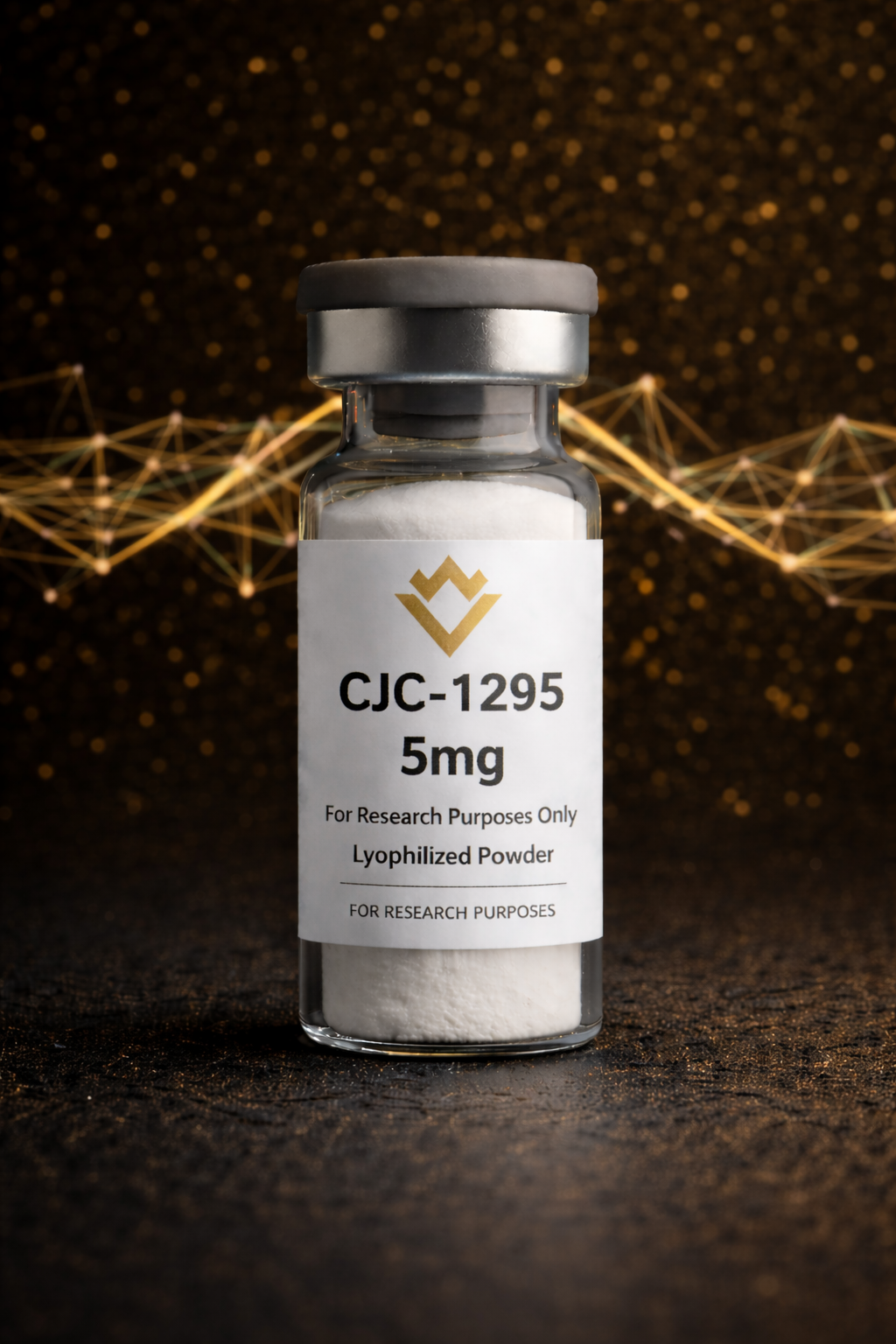 Vial labeled 'CJC-1295 5mg' with a dark background and abstract gold designs.