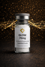 Glass vial labeled 'GLOW 70mg' on a dark background with abstract designs.