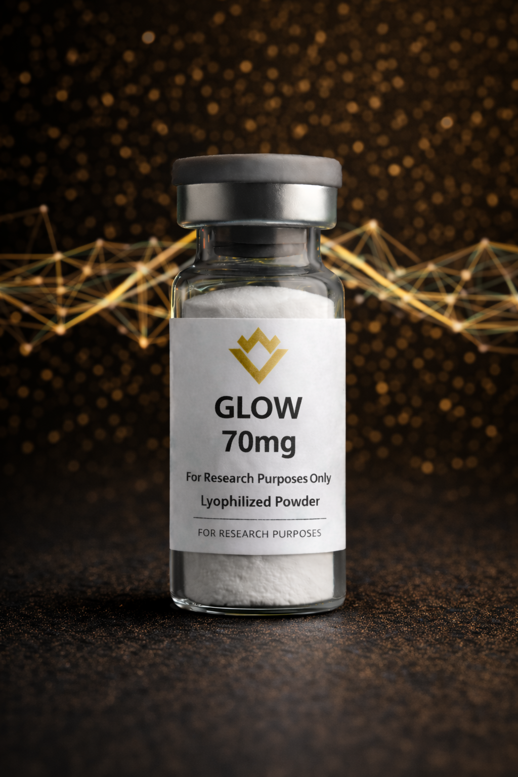 Glass vial labeled 'GLOW 70mg' on a dark background with abstract designs.