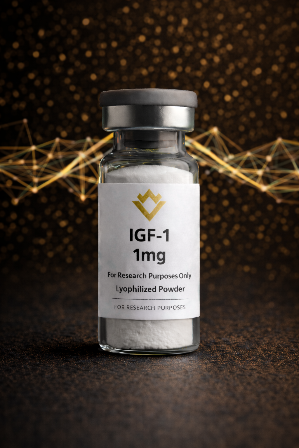 Vial labeled 'IGF-1 1mg' with a dark background