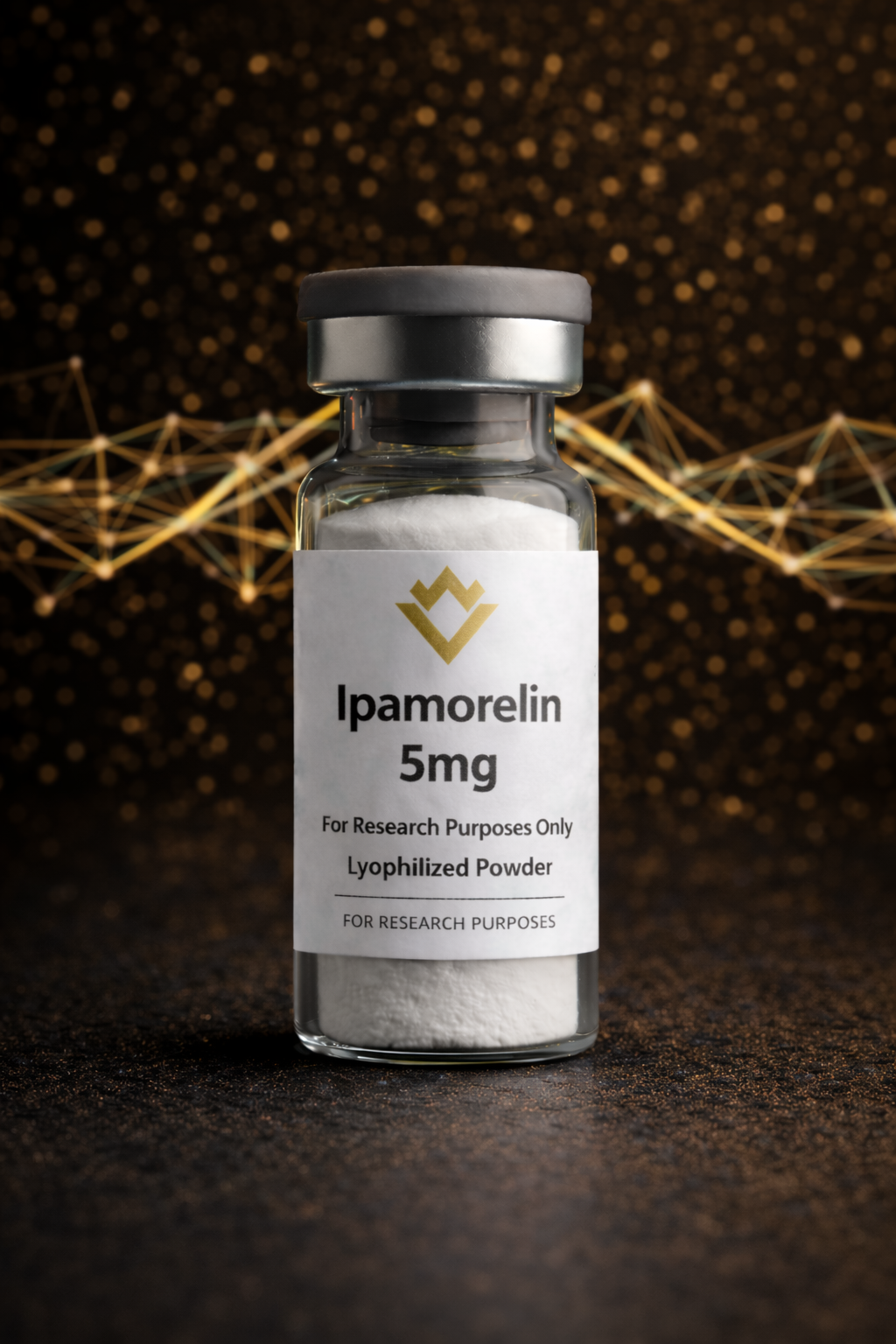 Vial labeled 'Ipamorelin 5mg' with a dark background