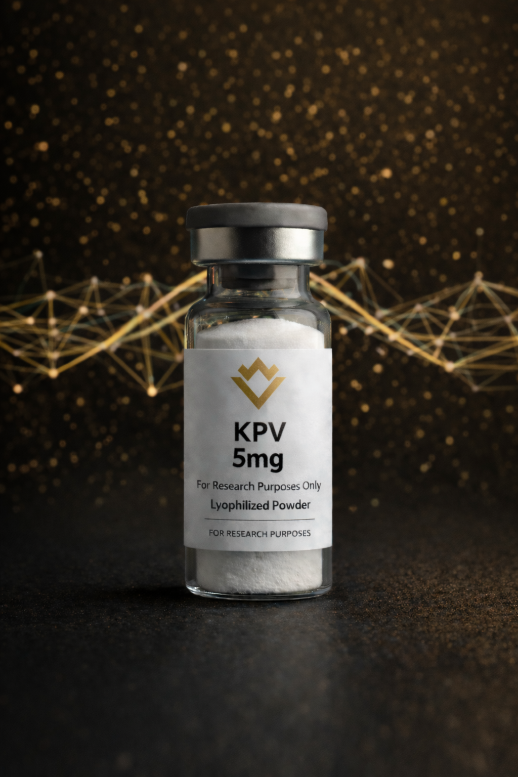Vial labeled KPV 5mg with a dark background and network-like design