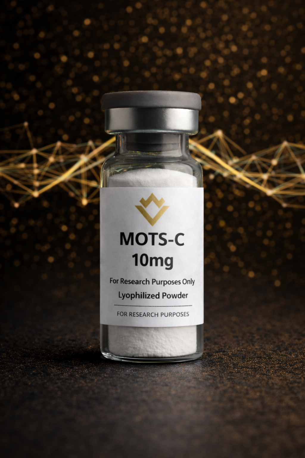 Vial labeled 'MOTS-C 10mg' with a dark background