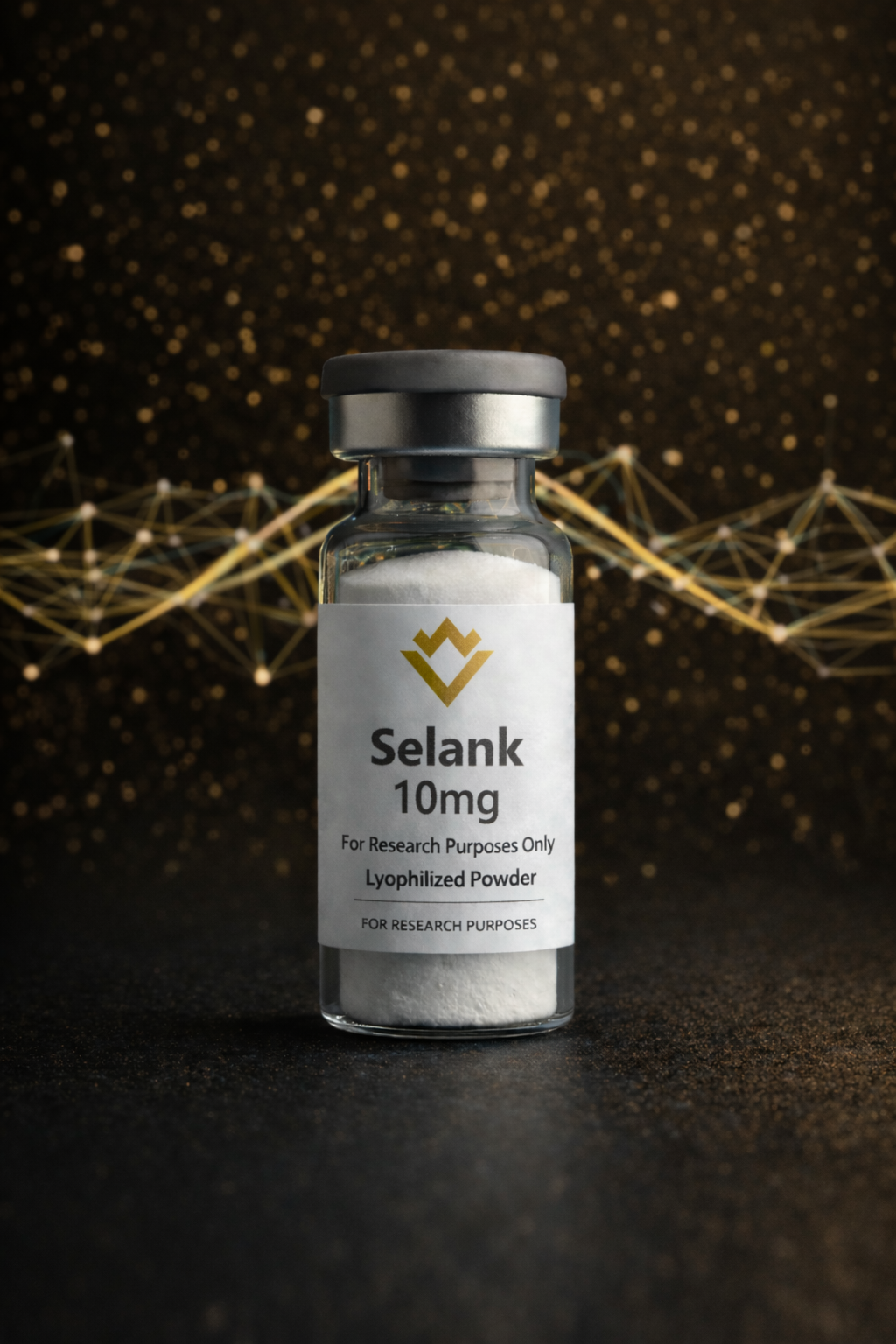 Vial labeled 'Selank 10mg' with a dark background and abstract design.