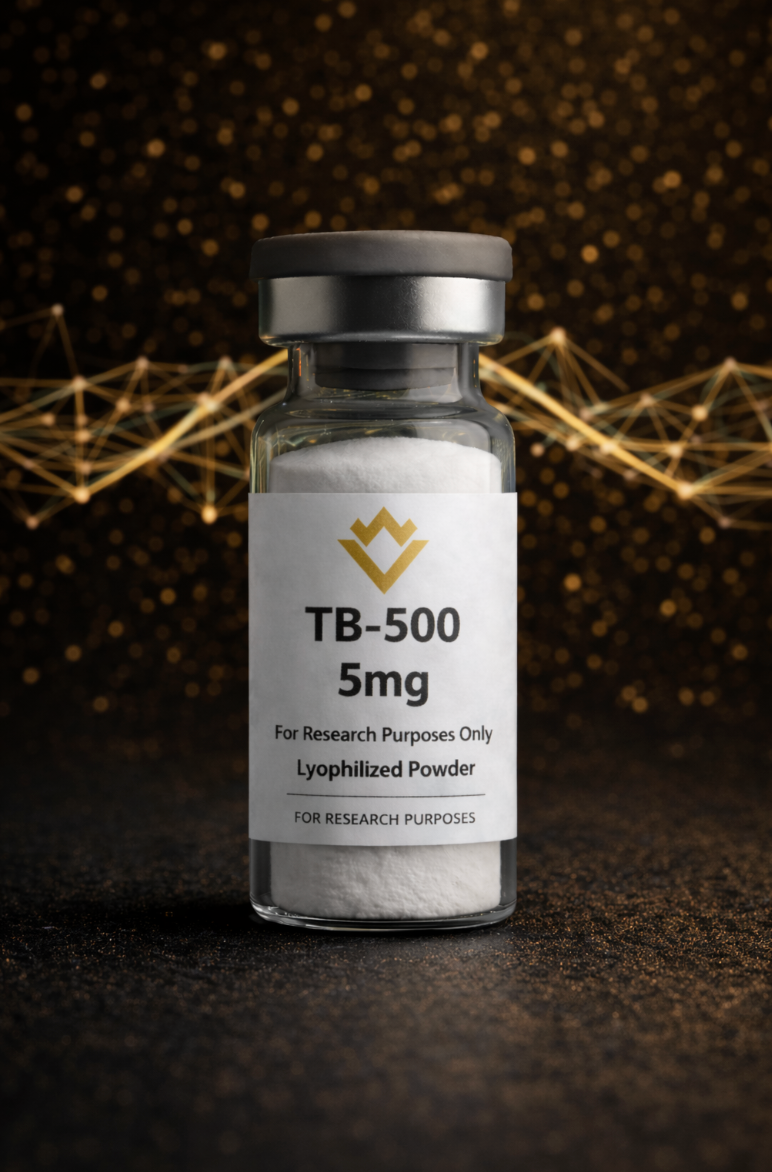 TB-500 lyophilized powder vial with label on a dark background