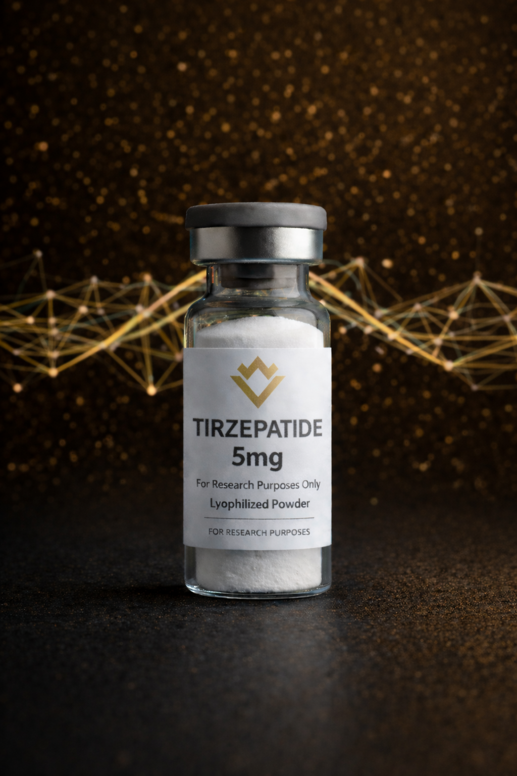 Vial labeled 'TIRZEPATIDE 5mg' on a dark background with network-like design